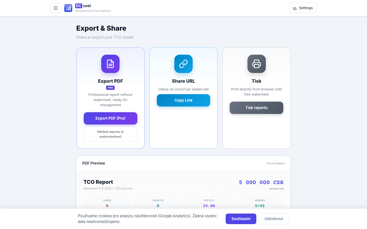 Export — PDF, sdílení, tisk